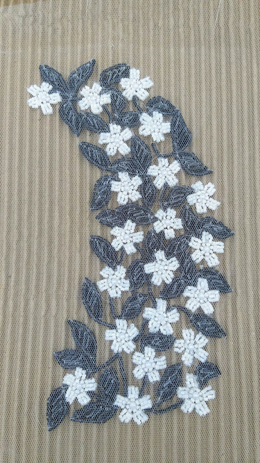 Black And White Hand Embroidered Beaded Floral Applique, Beaded Floral Motif, 1 Pc